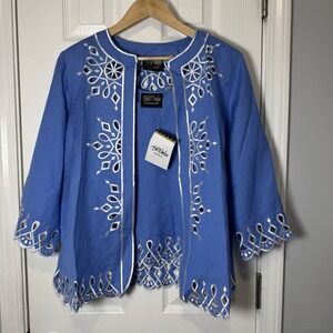 Bob Mackie Art Embroidered Cutout‎ Blue Linen Blend Open Front Jacket Tank Sm
